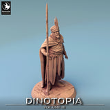 Slightly angled view of the spear fighter miniature on a round textured base