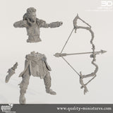Unassembled 3D-printed resin parts of the archer miniature laid out on a white surface