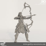 Front view of a tribal archer miniature in a dynamic combat pose with a bow