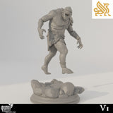 Detailed side profile view of a Trogg Cannibal miniature showcasing the dynamic posture