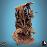 Troll miniature carrying a two-story wooden platform with armed goblin riders.