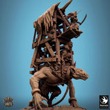 Angled view of a troll with a wooden platform and goblin archers, captured in resin detail.