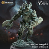 A grey 3D-printed Trostaka Treant miniature standing on a circular base holding a wooden axe