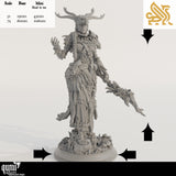 Druid miniature with a scale reference chart indicating heights for 32mm and 75mm versions.