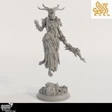 Unpainted 3D-printed resin Druid miniature in light gray, floating above its display base.