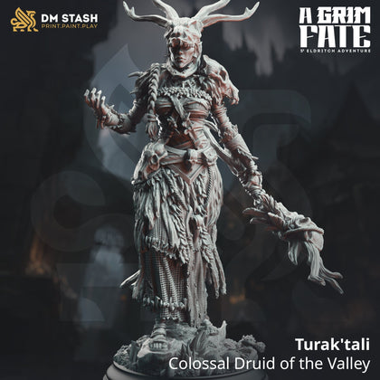 Digital render of Turak'tali Druid miniature with antler headdress and skull-adorned staff.