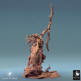 Tree monster miniature, side profile, reaching forward with clawed hand.