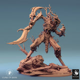 Tree monster miniature, back-left angle, arm raised high holding a wooden blade.