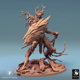 Tree monster miniature, right side view, holding a long, curved wooden blade.