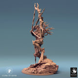 Profile view of a fey twig blight creature aiming its wooden bow with intricate bark textures