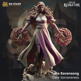 Tyria Ravensong dark sorceress miniature with magical rings of energy and flowing hair standing on a base