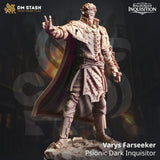 Resin 32mm scale tabletop miniature of Varys Farseeker, a blindfolded psionic Inquisitor casting a spell.