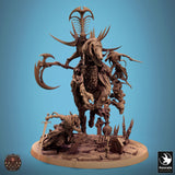 Front-facing view of the Velkaran monster model surrounded by graveyard terrain features and ghostly figures.