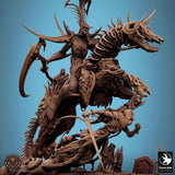 Close-up perspective of the Velkaran monster figure highlighting the sharp scythe and ornate skeletal detail.
