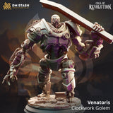 Venatoris Uhrwerk-Golem Monster Miniatur mit einem großen Schwert auf einem detaillierten Steinsockel