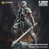 Vera Lanius the Absolved knight commander miniature standing in full plate armor holding a sword on a rocky base