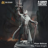 A detailed 3D-printed knight miniature, Vicar Atticus, standing in armor holding a sword aloft.