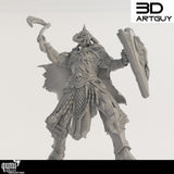 Front three-quarter view of the assembled axe fighter miniature, showcasing fine 3D-printed texture.