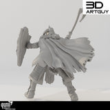 Rear view of the warrior miniature showing the flowing cape and intricate armor detail.
