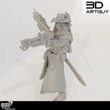 Seitenprofil der Revolverheld Miniatur mit Fokus auf Kleidungstexturen und Ausrüstungsdetails.