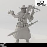 Rückansicht der Witch Hunter Miniatur mit detailliertem Mantel, Halfter, Schwert und brennender Fackel.
