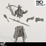 Einzelteile der unmontierten Resin-Miniatur eines Revolverhelden inklusive Torso, Waffen und Zubehör.