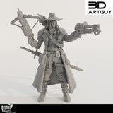 Ganzkörperansicht einer 3D-gedruckten Witch Hunter Revolverheld Miniatur mit Armbrust und Schusswaffe.
