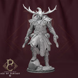 Front view of a fierce antlered warrior holding two axes, detailed armor and fur textures.