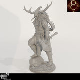 Side profile of a horned humanoid warrior with a fur cloak and axe, standing on a rock base.