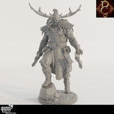 Full front shot of the detailed grey resin axe fighter standing on a rocky base