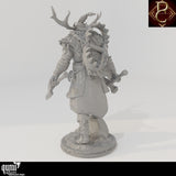 Rear view of the Worfar axe fighter showing detailed fur cloak and large bear trap accessory