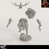 Exploded view of the 3D-printed resin miniature parts, including torso, arms, and base