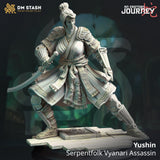 Resin 3D-printed Yushin Serpentfolk Assassin miniature with sword in a combat stance on a wooden floor base
