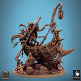 Front three-quarter view of Zaltryn the Waverender showing the lantern-bearing ship and cemetery base.