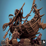 Close-up detail of the skeletal crew and wooden ship structure of the Zaltryn the Waverender miniature.