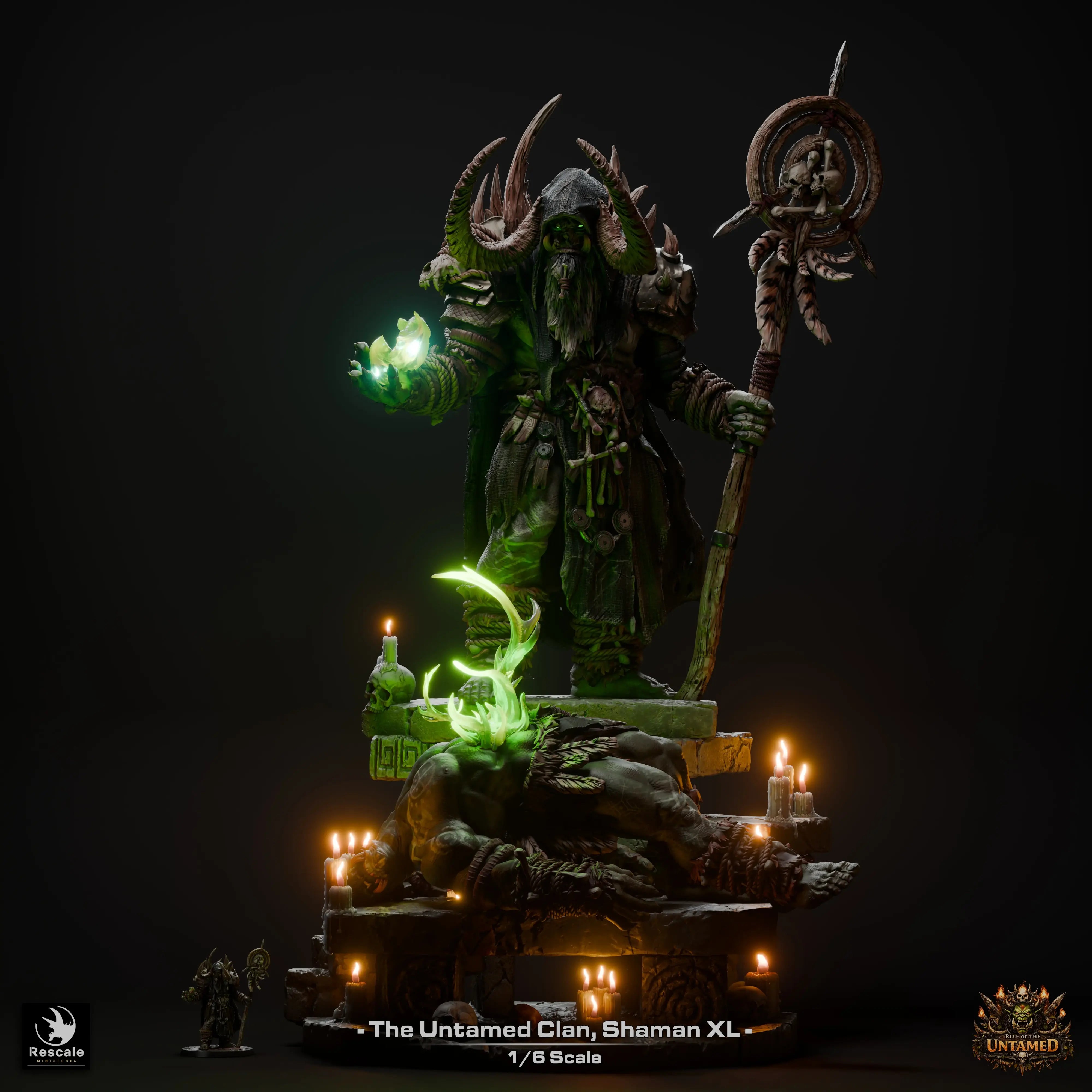 Statue of a shaman with glowing green elements on a dark background