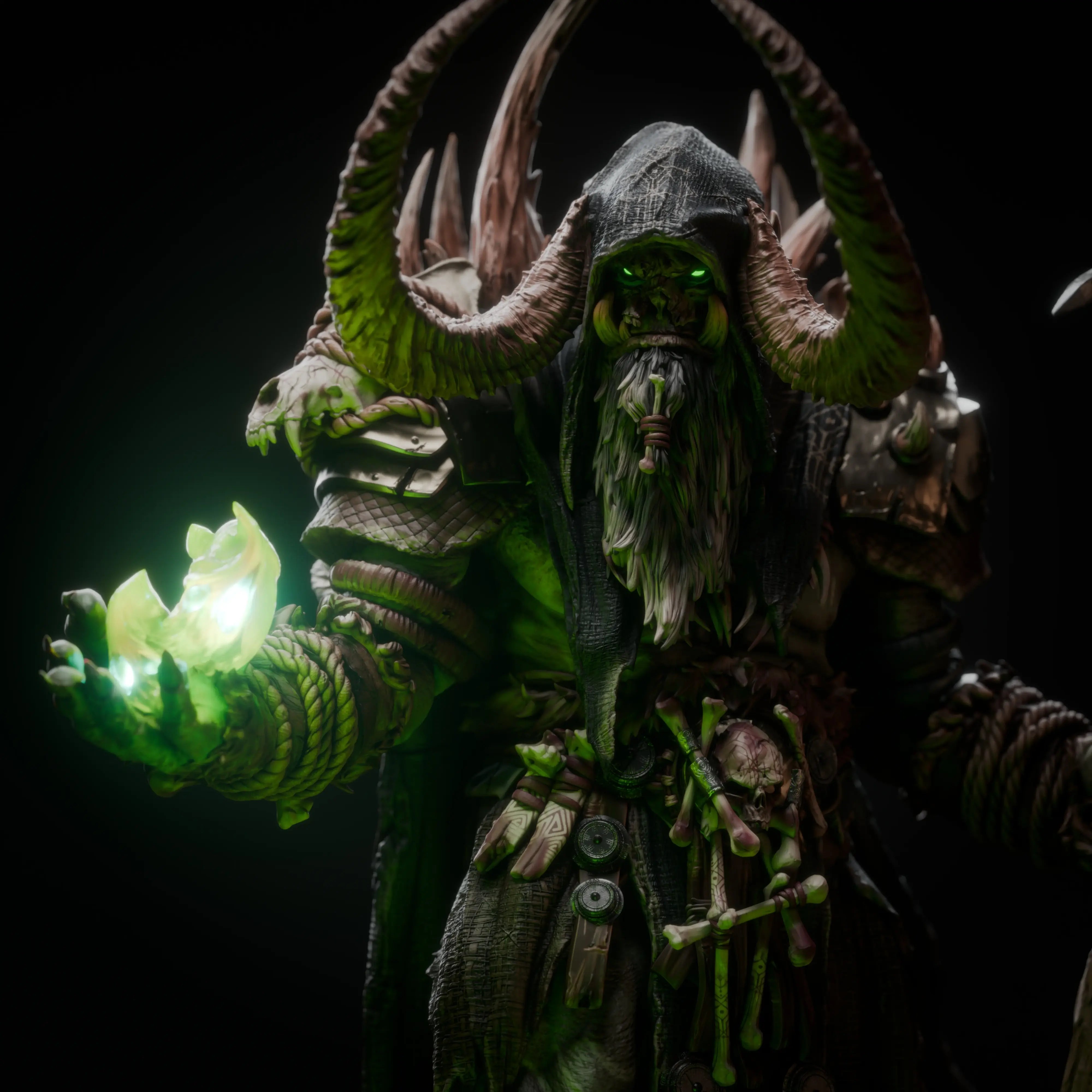 Fantasy creature with glowing green hand on a dark background