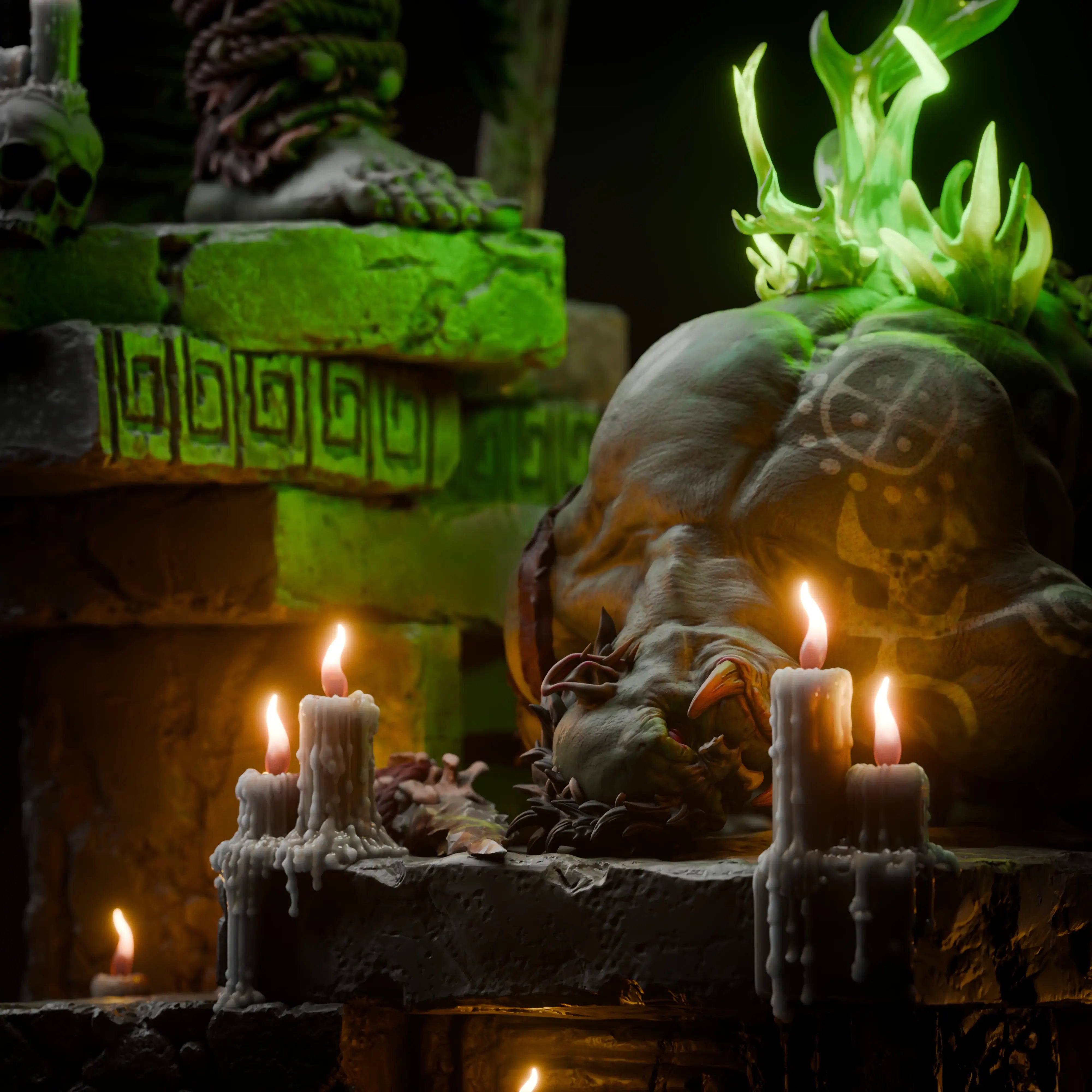 Glowing candles in a mystical setting with green foliage and stone architecture.