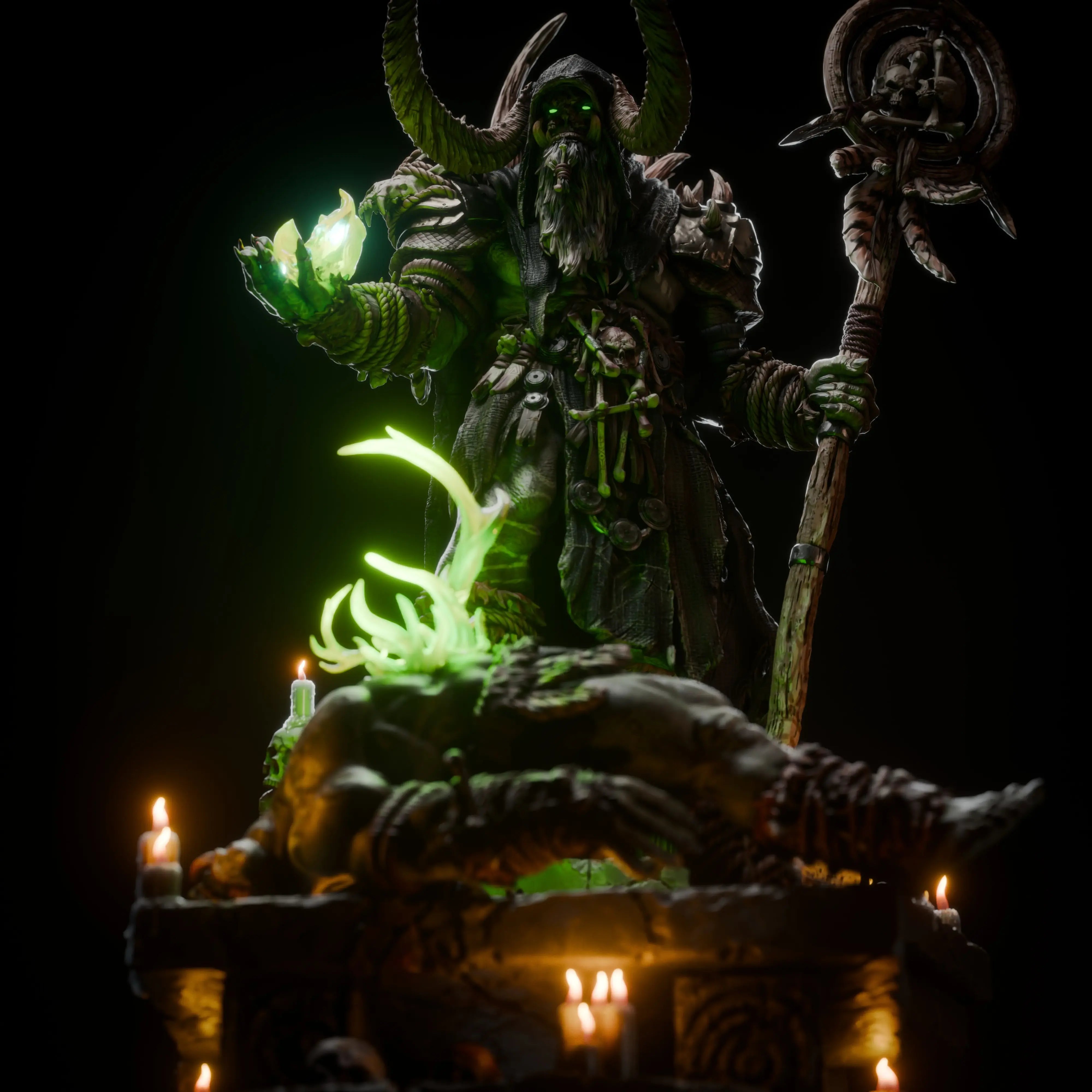 Fantasy figure with glowing elements and candles in a dark setting