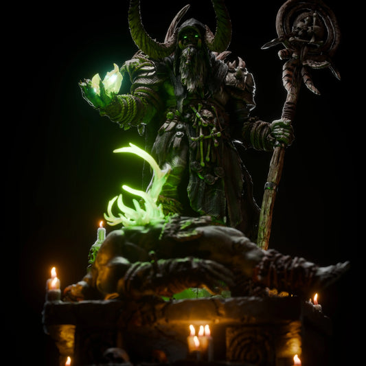 Fantasy figure with glowing elements and candles in a dark setting