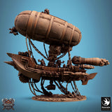 Seitenprofil des Steampunk-Luftschiffs auf rundem Sockel mit Hecktriebwerken und bohrerförmigem Bug.