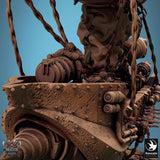 Nahaufnahme des vorderen Rumpfbereichs des Fantasy-Luftschiffs mit Panzerung und Maschinen