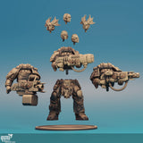 Explosionszeichnung der Space Warrior Miniatur mit austauschbaren Oberkörpern, Waffenoptionen und Helmvarianten.