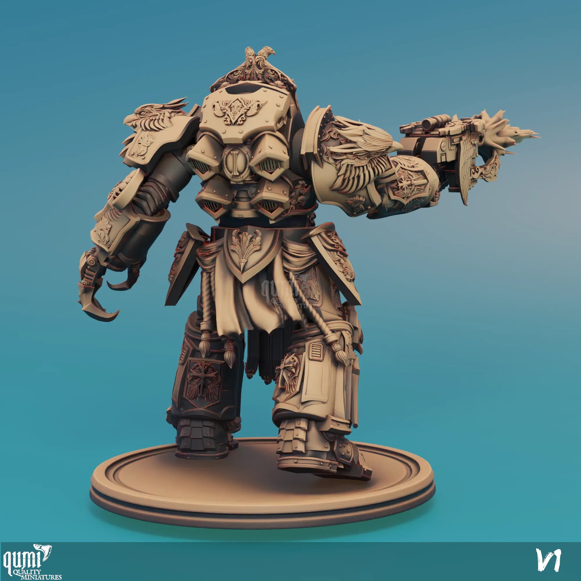 Golden Company Warrior tabletop sci-fi miniature by Qumi, detailed 3D art figure for wargaming and RPG tabletop battles.