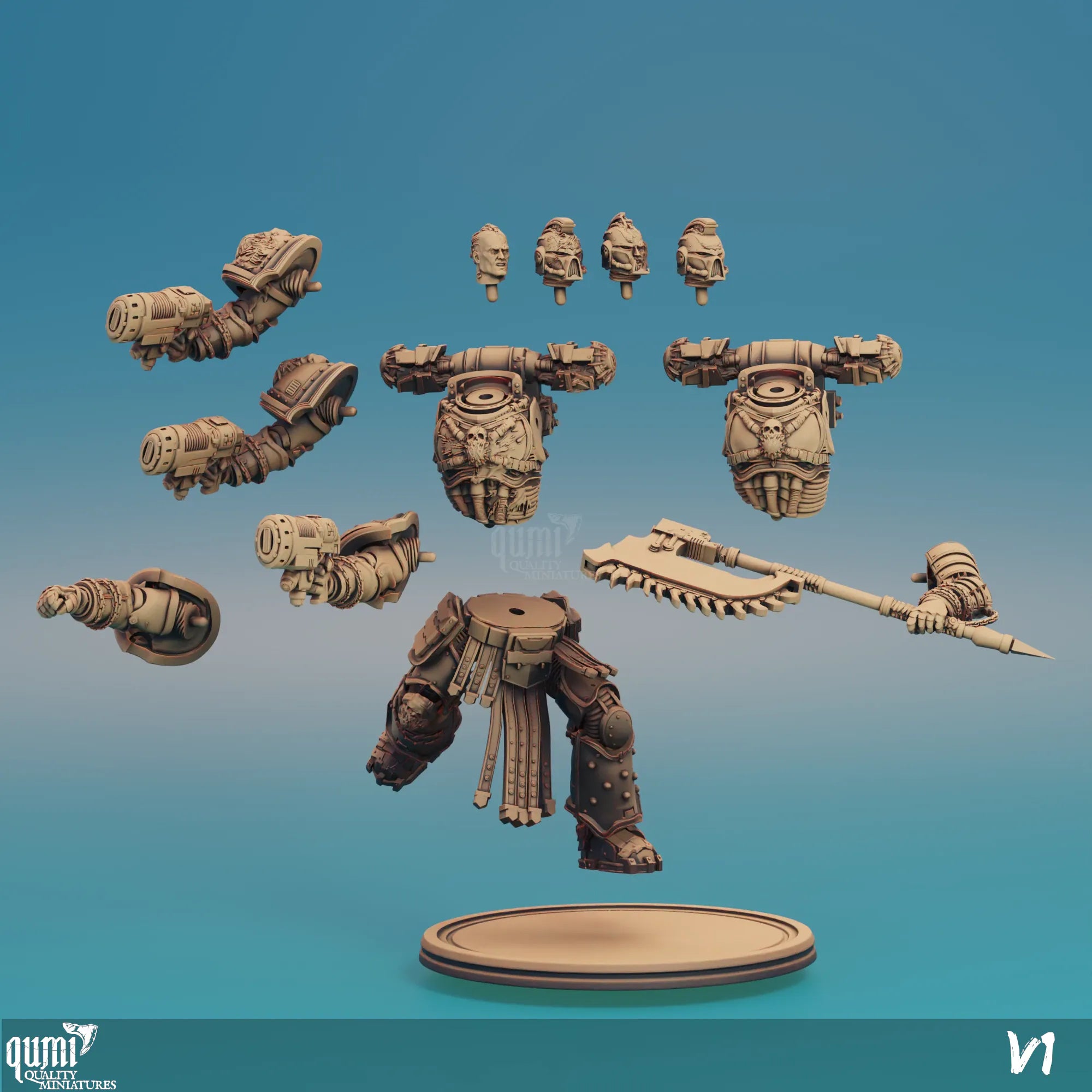 Detailed image of a tabletop sci-fi warrior miniature named Great Guy by Qumi, made by Quality Miniatures for RPG and wargaming.