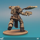 Rückansicht der Sci-Fi-Krieger-Miniatur mit detaillierter Rüstung und Totenkopfverzierungen