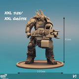 XXL Space-Warrior-Miniatur aus Resin mit schwerer Waffe, 95 mm groß, 100-mm-Base, digitale Darstellung.