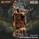 Gwambari human shaman miniature with owl, bird, and wolf, 3D-printed resin tabletop figure for painting.