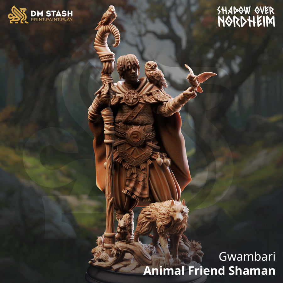 Gwambari human shaman miniature with owl, bird, and wolf, 3D-printed resin tabletop figure for painting.