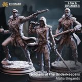 Three distinct Soldier of the Underkeepers Gunslinger miniatures in grey resin showing detailed flintlock and sword gear